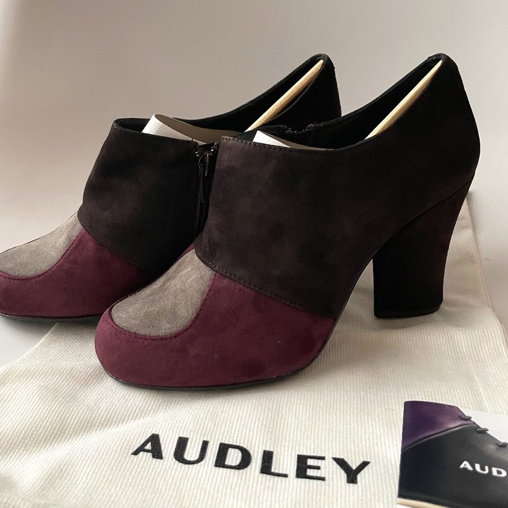 Anthropologie Cocoa Plum Heels By Audley Colorblock Suede Ankle Booties Size 37